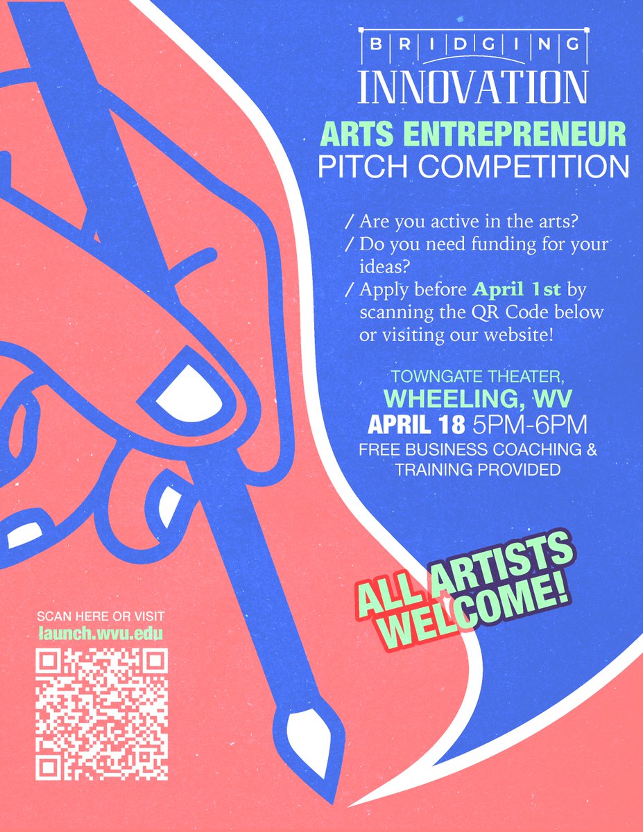 Bridging Innovation Arts Entrepreneur Pitch Competition applications are now open!

Are you active in the arts? Do you need funding for your ideas? 
Apply before April 1st at: tinyurl.com/23bridgingarts
