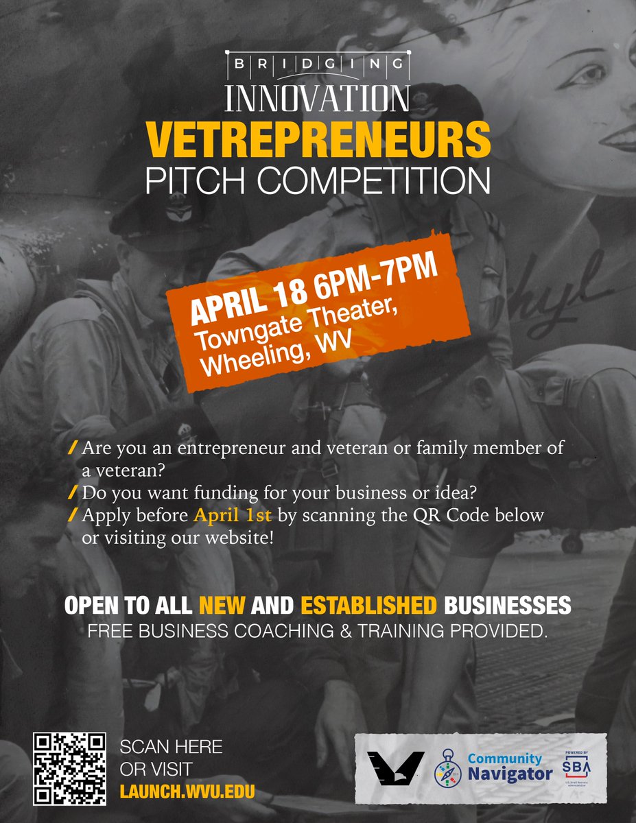 Bridging Innovation Vetrepreneurs Pitch Competition applications are now open!

Are you an entrepreneur and veteran, or family member of a veteran? Do you want funding for your business or idea? 
Apply before April 1st at: tinyurl.com/23vetrepreneurs