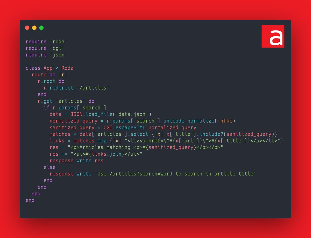 Solution for the vulnerable code snippet n°2 🛠️
See the write-up article: acceis.fr/solution-for-t…

Vuln : XSS 🪲
Language : Ruby 💎

Fixed code below:
#codereview #vulnerablecode #codesnippet #brokencode #appsec #infosec #pentesting #securityexplained