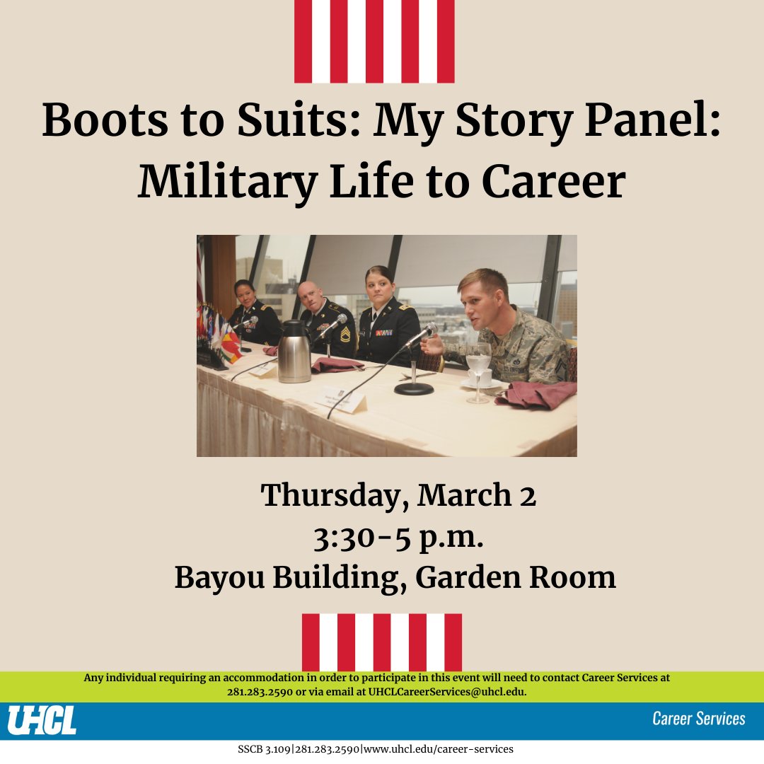 Invite your friends and family to join us for a panel with military veterans discussing their journey transitioning from the military to a university setting and then built success in the civilian workforce.