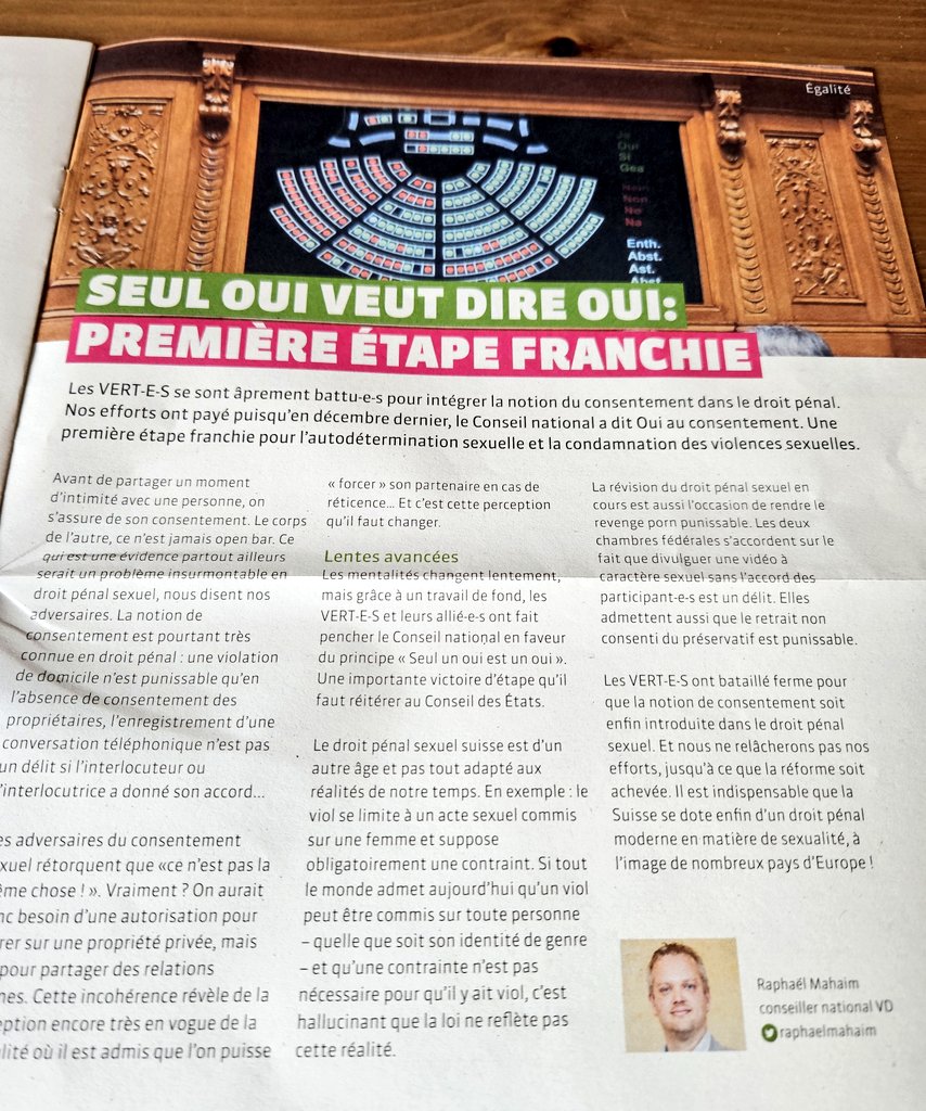 raphaelmahaim's tweet photo. Mon article pour le magazine @LesVertsSuisses. 🗞👀
Nous ne relâcherons pas nos efforts, jusqu'à ce que la réforme soit achevée. La 🇨🇭 doit se doter d'un droit pénal moderne en matière de sexualité ! 📰👇
#SeulUnOuiEstUnOui #Consentement #yesisyes #parlCH https://t.co/8hMIK4DWDa https://t.co/qbDipRHFPH