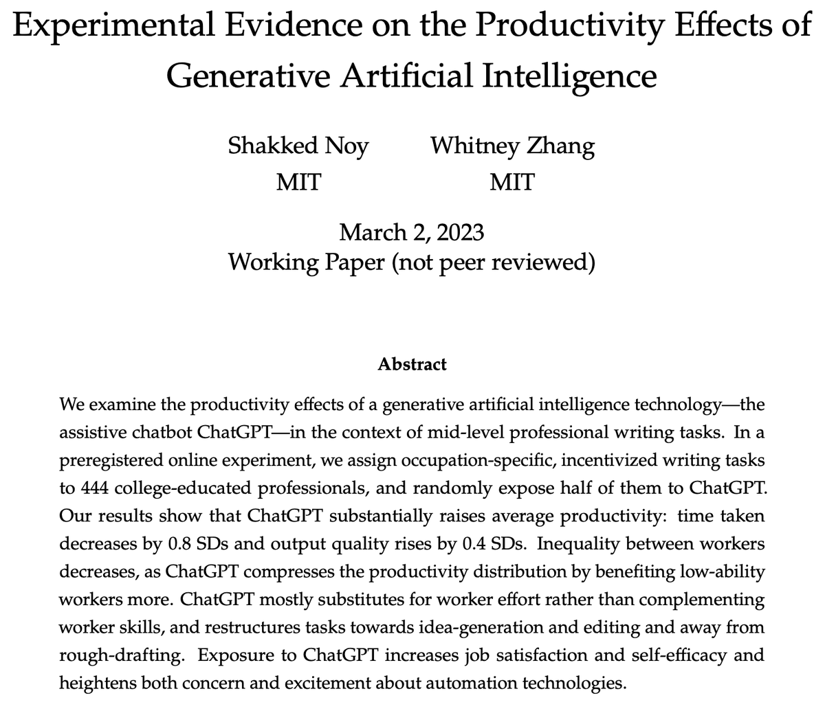 Shakked Noy (@shakked_noy) on Twitter photo 🚨 New working paper! 🚨
Curious about the effects of generative AI systems like ChatGPT on production and labor markets? Then you'll be interested in our new paper (with <a href="/whitneywzhang/">Whitney Zhang</a>)!
Link to paper and thread below ⬇️
economics.mit.edu/sites/default/… 🚨 New working paper! 🚨
Curious about the effects of generative AI systems like ChatGPT on production and labor markets? Then you'll be interested in our new paper (with <a href="/whitneywzhang/">Whitney Zhang</a>)!
Link to paper and thread below ⬇️
economics.mit.edu/sites/default/…
