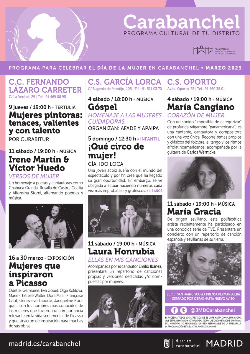 💜 Ya estamos a pocos días de celebrar el Día de la Mujer. Descubre la programación que hemos preparado para #Carabanchel. ¿Vienes? Entrada gratuita. Una producción de @Yeiyeba para <a href="/JMDCarabanchel/">Distrito de Carabanchel</a> #8M #DíaDeLaMujer #Cultura  #CulturaEnTuDistrito #MadridCultura #Yeiyeba