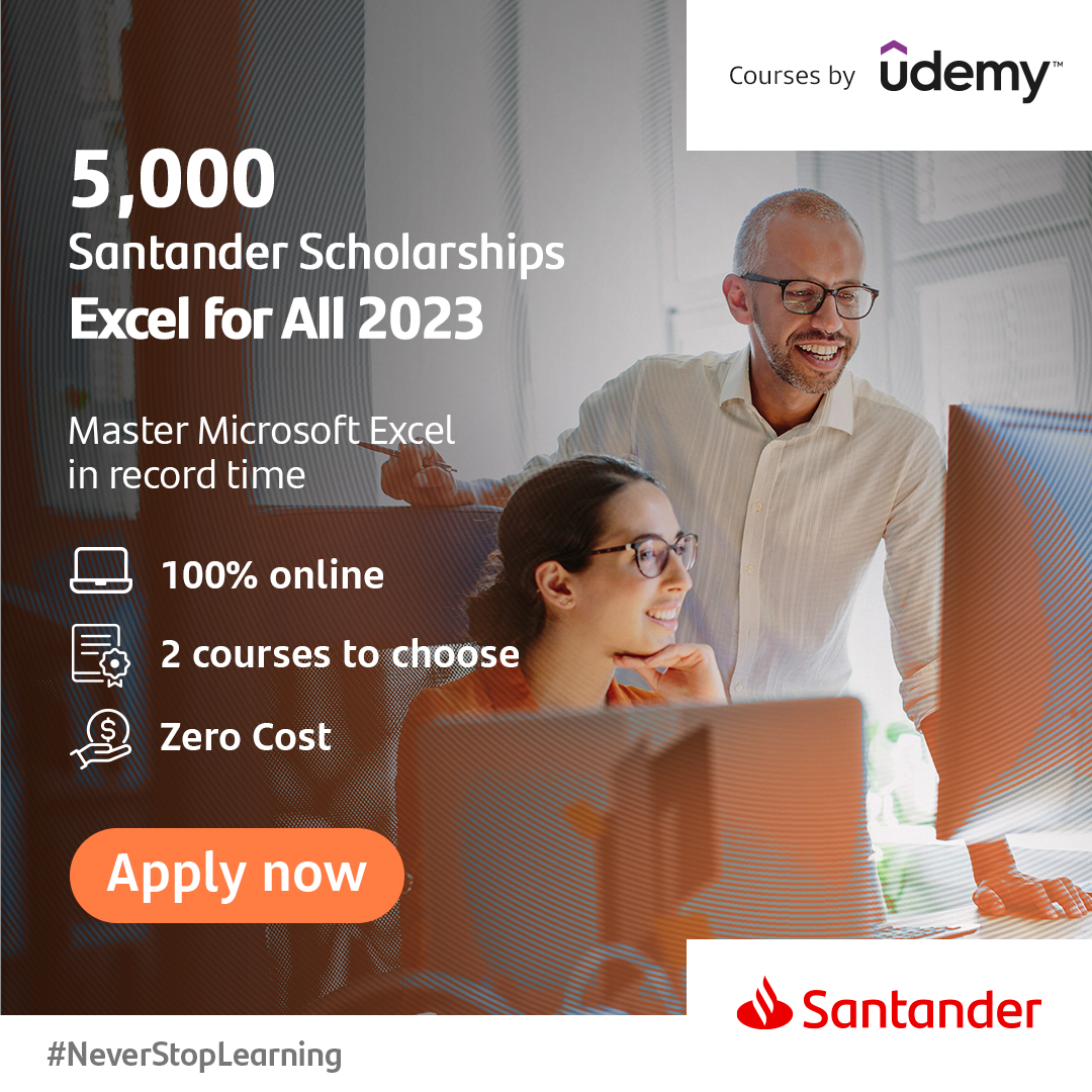 HudEnterprise's tweet image. Looking to improve your Excel skills?
Apply for 1 of 5,000 places on Santander Scholarships Skills | Excel for All, a FREE, flexible, online programme delivered by Udemy.
Applications close 16 May 2023. Apply today: bit.ly/3RKOPdX
#NeverStopLearning #Excelforall
