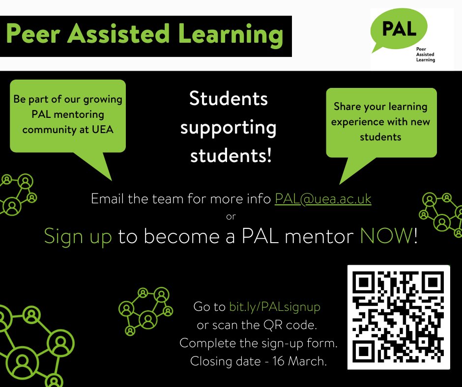 UEA Study Advice (@uealearn) on Twitter photo Sign up to be a UEA PAL Mentor by 16th March: Here’s the application form  forms.office.com/e/nzHcRVsPQL
Support new students: learn new and transferable skills and contribute to the UEA PAL community!
Contact PAL@uea.ac.uk for more details. Sign up to be a UEA PAL Mentor by 16th March: Here’s the application form  forms.office.com/e/nzHcRVsPQL
Support new students: learn new and transferable skills and contribute to the UEA PAL community!
Contact PAL@uea.ac.uk for more details.