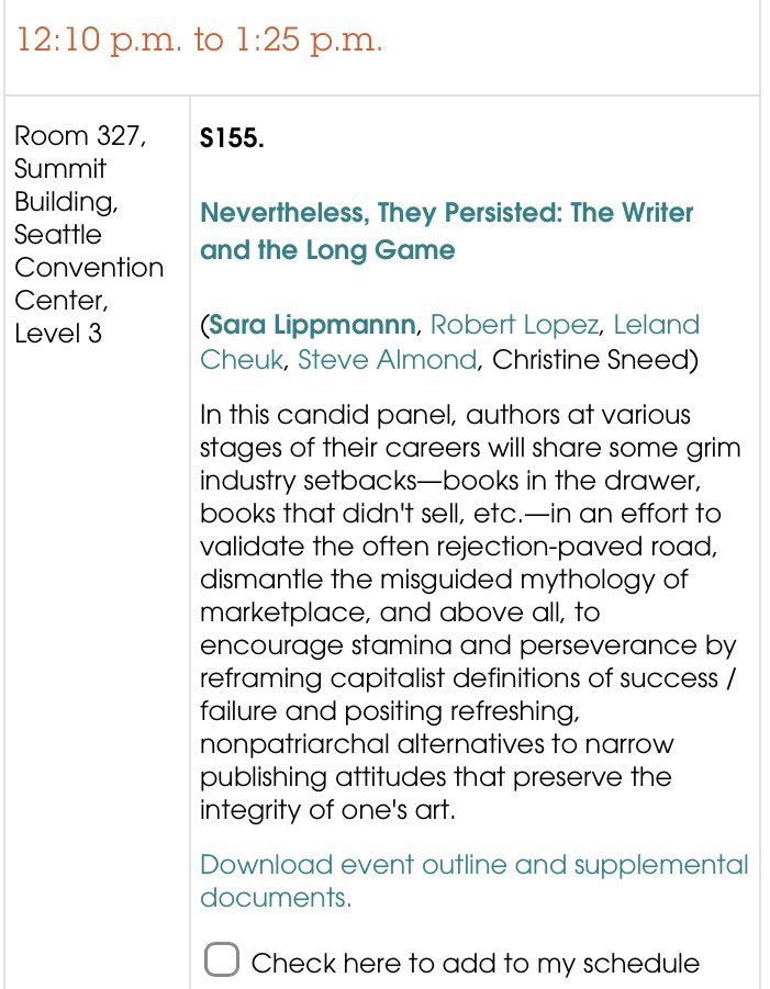 saralippmann's tweet photo. If you (unlike me) are so organized that you’re already mapping out your schedule @awpwriter hope you’ll add our upfront, no-bullshit panel NEVERTHELESS, THEY PERSISTED: THE WRITER AND THE LONG GAME to your docket Saturday 3/11 https://t.co/fv53iq6neS