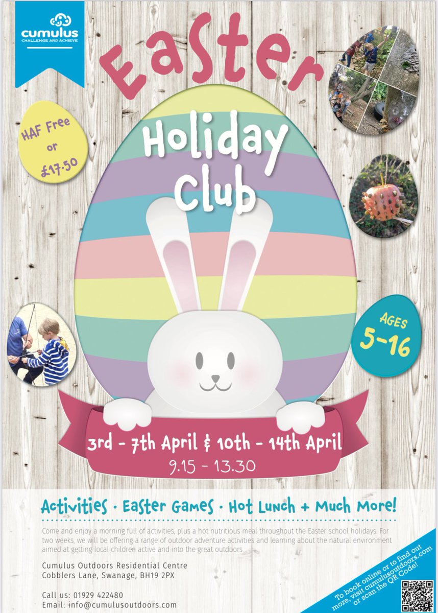 Easter HAF Programme is back!
Come and enjoy a morning full of activities plus a hot nutritious meal throughout the Easter holidays (excl Saturday and Sunday).
3rd-7th &amp;10th-14th April, 9.30-1.30, 5yr-16yr. 
HAF = free or £17.50 per session 
cumulusoutdoors.com/schools-youth/…