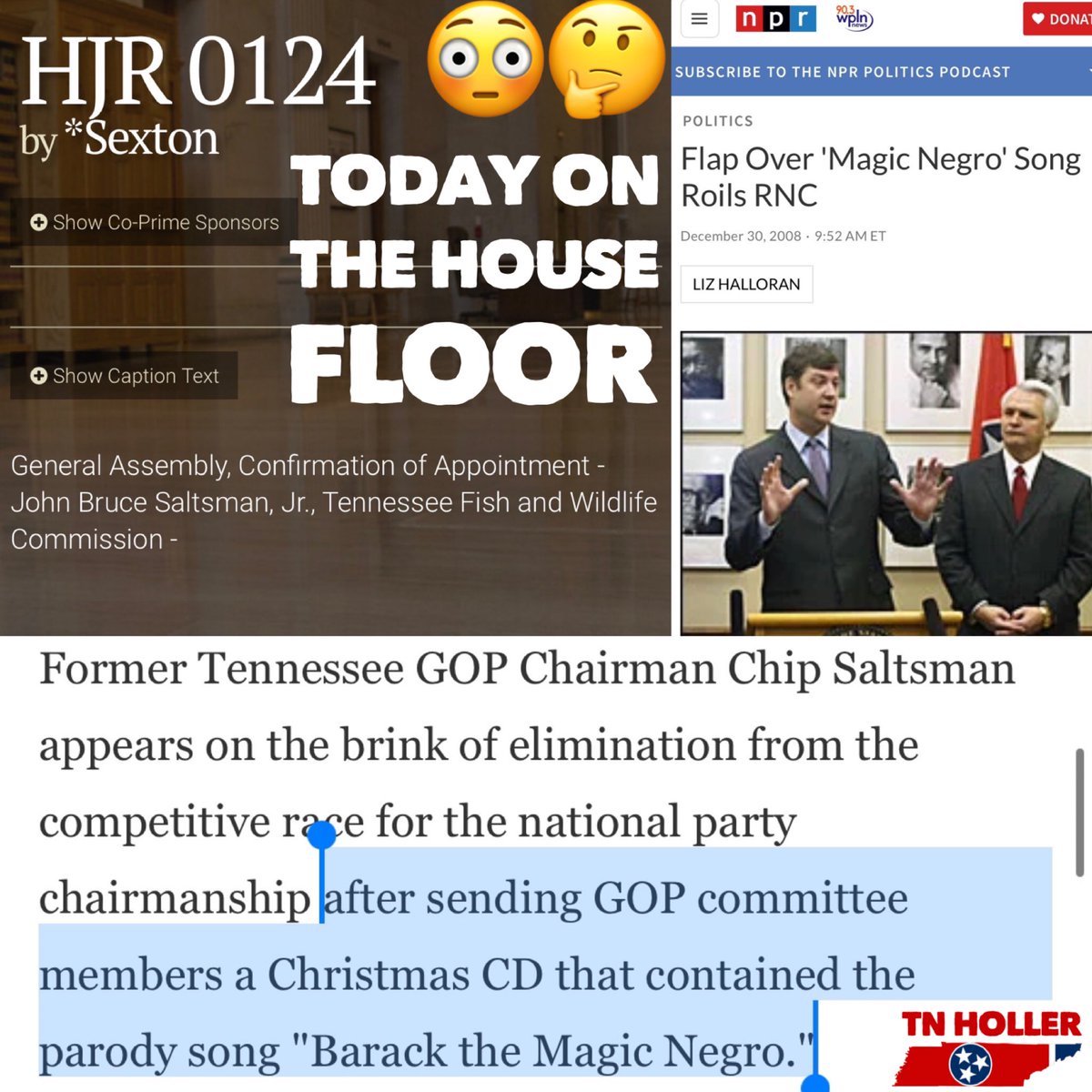 TheTNHoller's tweet image. ⚡️🤔JUST NOW: @WilliamLamberth and the @tnhousegop immediately cut off all debate as they confirmed @chipsaltsman to the TN Fish &amp;amp; Wildlife commission — likely because he famously sent “BARACK THE MAGIC NEGRO” CD’s to @GOP committee members and they didn’t want to discuss it.