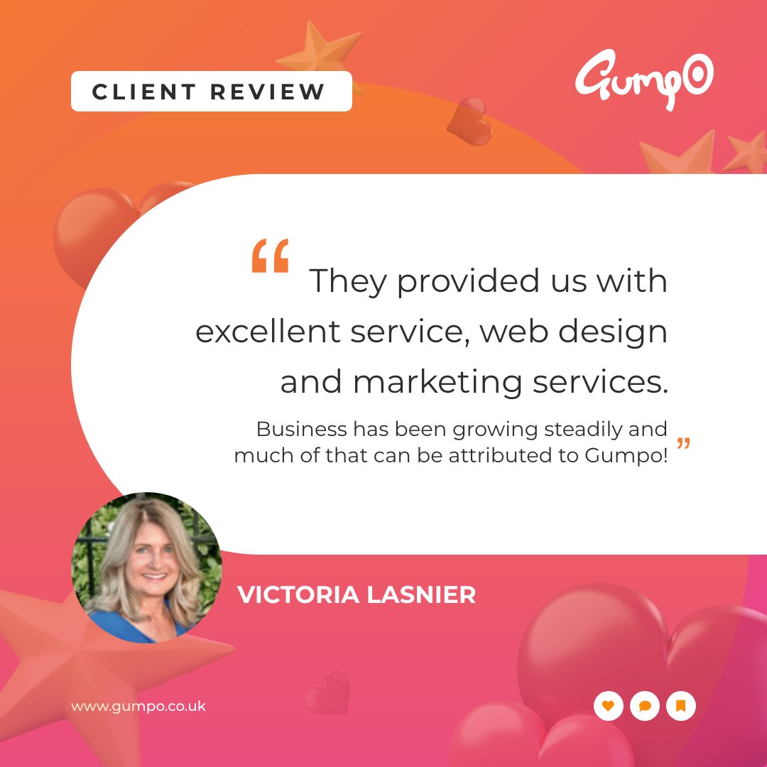 Thank you to Victoria for the kind review. 🧡

Want to know more about who we are and what we do?

Check out our website: gumpo.co.uk

#digitalmarketing #marketing #digitalmarketinguk #review