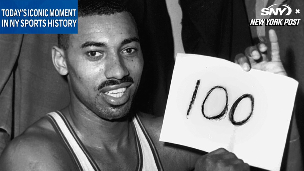 nypost's tweet photo. Today’s Iconic Moment in NY Sports: Wilt Chamberlain’s 100-point game https://t.co/wRidxW2OXT https://t.co/hBb7I5Sn5Z