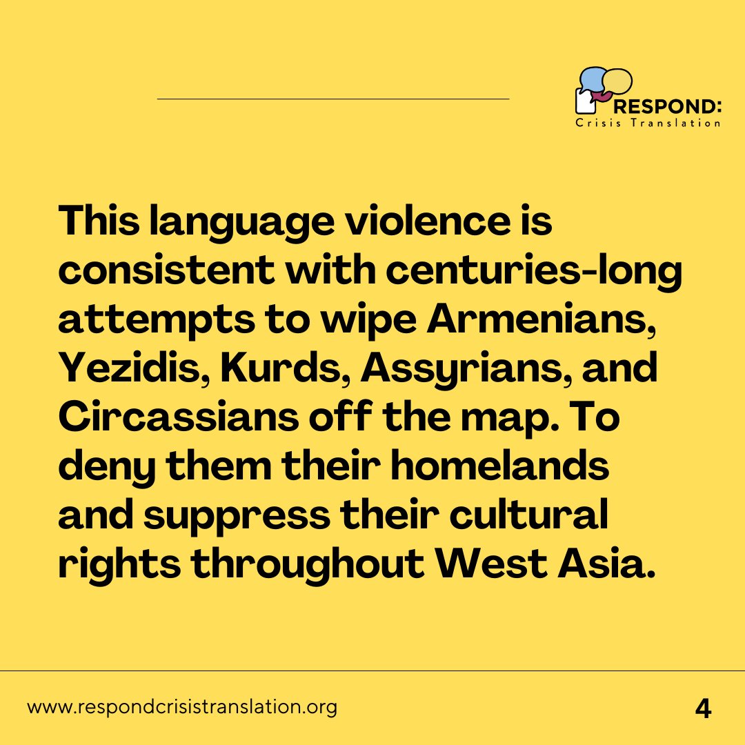RespondCrisis's tweet image. This #languageviolence is consistent with centuries-long attempts to wipe Armenians, Yezidis, Kurds, Assyrians, and Circassians off the map. To deny them their homelands and suppress their cultural rights throughout West Asia.

⬇️