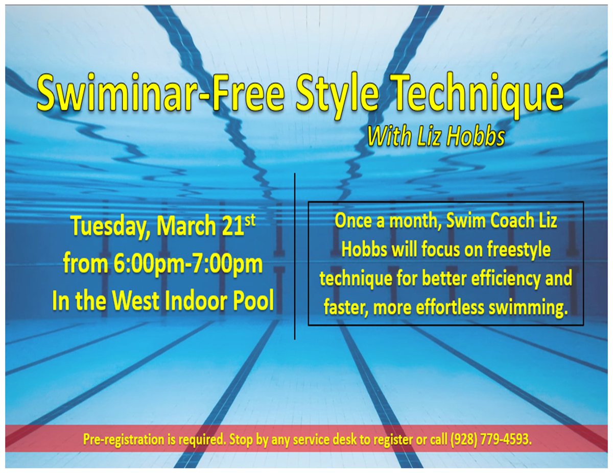 FlagAthClub's tweet photo. Join Swim Coach Liz Hobbs Tuesday, March 21st, from 6:00 pm-7:00 pm in the West Indoor Pool for her Swiminar-Free Style Technique class! Register at any service desk or give us a call. https://t.co/5wF5FCJoMK