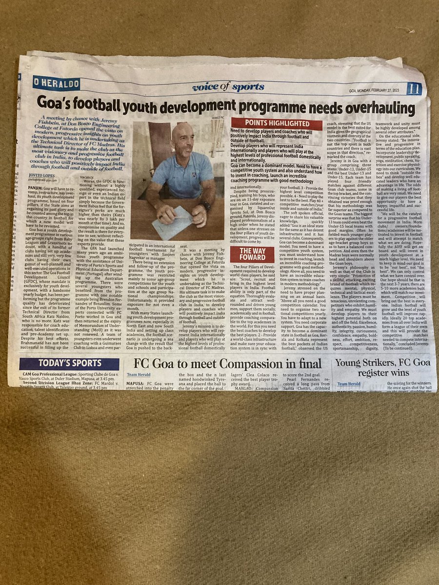 CoachFishINDIA's tweet image. What’s holding Indian Football/Soccer Back? #106 in the world? Honoured to be interviewed by Goa, India O Heraldo Newspaper