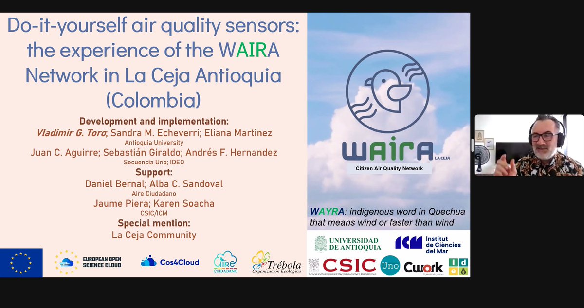 Cos4Cloud's tweet photo. Vladimir G. Toro Valencia, professor and researcher at 
@UdeA and member of @proyectowaira, has shared WAIRA network experience using the guides developed by @TrebolaOrg to create do-it-yourself air quality sensors in La Ceja Antioquía (#Colombia) 🌬️🔎 https://t.co/wLScv68Ktq