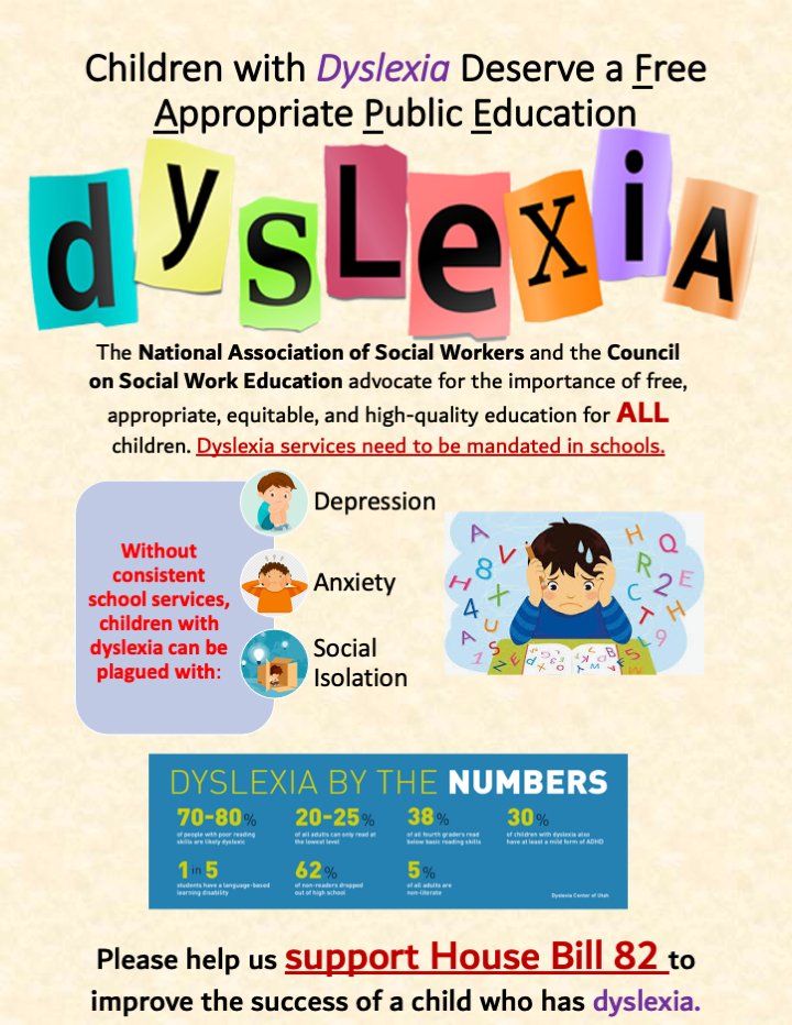CB70050440's tweet photo. @JacksonStateRep  House Bill 82 advocates for children with dyslexia to assist them in receiving mandated school services. Social Work Speaks supports and advocates for free, appropriate, and high-quality education for ALL children. #WKUsocialworkpolicy https://t.co/UvhDYSM0Hn https://t.co/wevN1GApBc