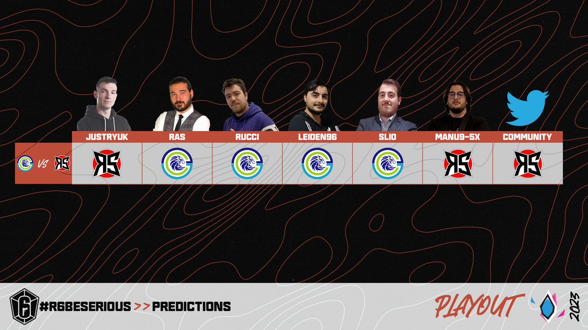 🎥PREDICTIONS LIVE‼
<a href="/JustRyuk_/">Mauro Barone</a> 
<a href="/IL_RAS_Twitch/">IL_RAS</a> 
<a href="/dado95thebest/">Real Scalia</a> 
<a href="/Leiden0210/">Leiden96</a> 
@dogo_manu95
#R6BeSerious