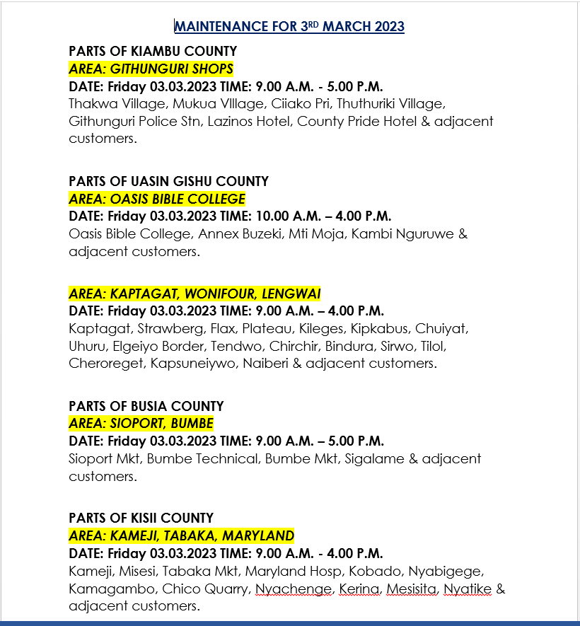 Kenya Power On Twitter Hello Please Be Advised The Following Areas 