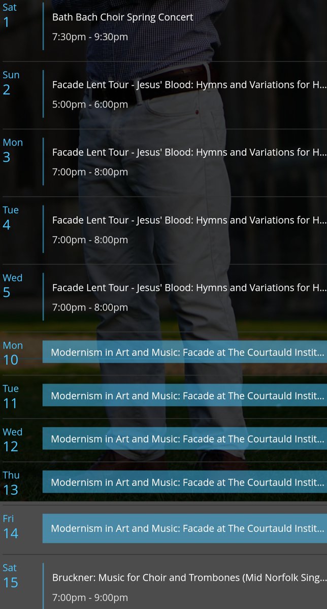 Benedict Collins Rice (@b_cr_) on Twitter photo No #aprilfoolsday here - a glorious month w/ <a href="/FacadeEnsemble/">The Facade Ensemble</a> touring <a href="/Gavin_Bryars/">Gavin Bryars</a>' Jesus Blood w/ <a href="/ArvoPartCentre/">Arvo Pärt Centre</a> & <a href="/JohnCageTrust/">John Cage Trust</a> before a week of lecture recitals & seminars <a href="/TheCourtauld/">The Courtauld</a>.
There's even room Bruckner & trombones!
🎫📅⌚️:
<a href="/FacadeEnsemble/">The Facade Ensemble</a>
<a href="/MidNorfolkSing/">Mid-Norfolk Singers</a> No #aprilfoolsday here - a glorious month w/ <a href="/FacadeEnsemble/">The Facade Ensemble</a> touring <a href="/Gavin_Bryars/">Gavin Bryars</a>' Jesus Blood w/ <a href="/ArvoPartCentre/">Arvo Pärt Centre</a> & <a href="/JohnCageTrust/">John Cage Trust</a> before a week of lecture recitals & seminars <a href="/TheCourtauld/">The Courtauld</a>.
There's even room Bruckner & trombones!
🎫📅⌚️:
<a href="/FacadeEnsemble/">The Facade Ensemble</a>
<a href="/MidNorfolkSing/">Mid-Norfolk Singers</a>