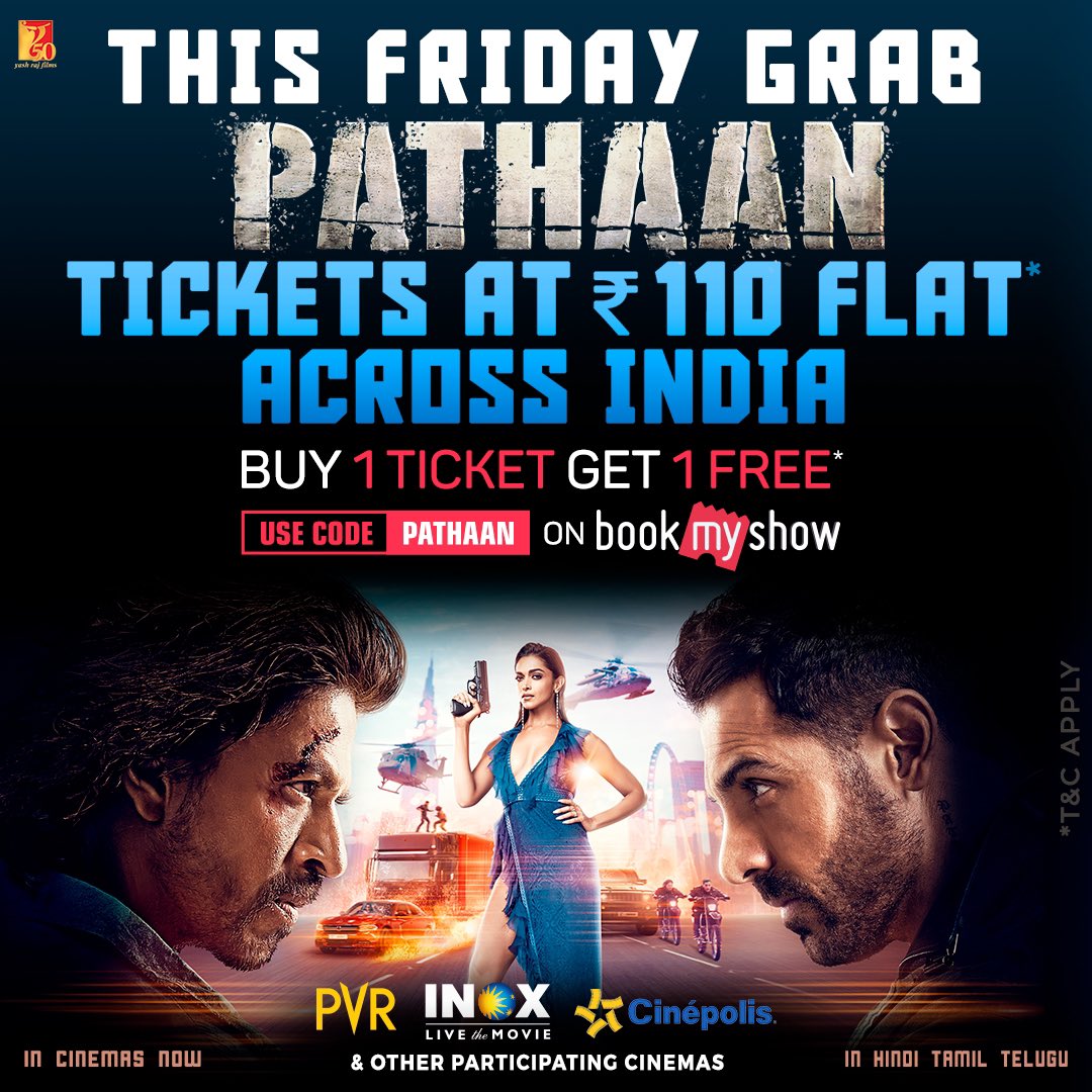 SRKUniverse's tweet photo. #PathaanCelebrations continue as Friday becomes #PathaanDay 😍
Get DOUBLE benefits with tickets at Rs 110 & the BUY 1 GET 1 FREE offer🔥💥
Book your tickets NOW: https://t.co/z4YLOG2NRI | https://t.co/lcsLnUSu9Y
@iamsrk @deepikapadukone @TheJohnAbraham @yrf
#ShahRukhKhan #SRK https://t.co/2EhYAQ5Bkx