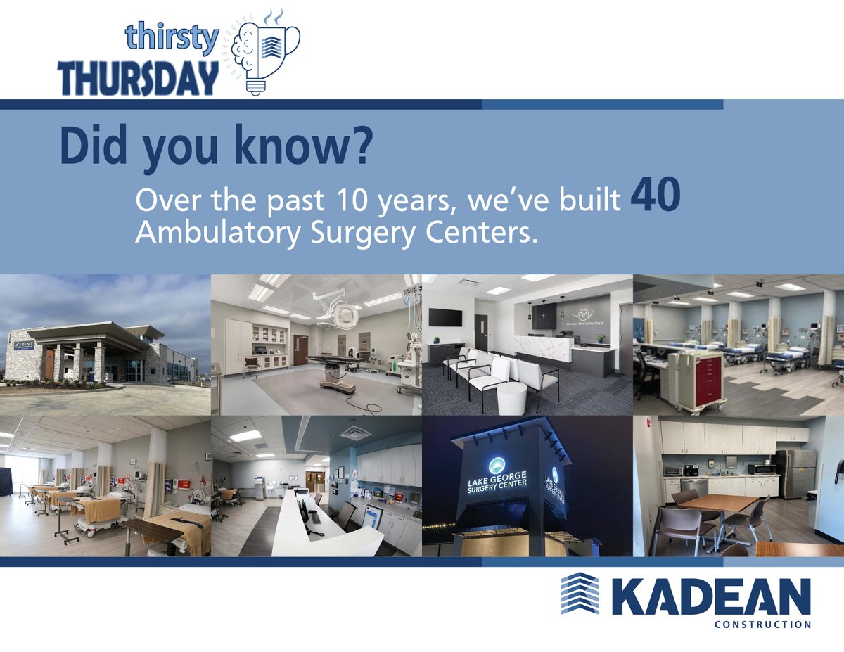 Our ambulatory surgical center work continues to get bigger as consumer & physician demand for outpatient surgery grows.

We have now built ASCs in 10 states with more on the horizon.

#kadeanconstruct #kadeanthirstythursday #healthcareconstruction #ambulatorysurgerycenters