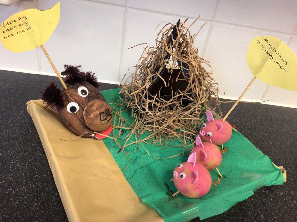 stjameswigan's tweet photo. Have you ever seen such cute little pigs before? Here is a Three Little pigs theme made from potatoes for World Book Day. We think it is amazing! #ASPIRE #stimulatingminds #WorldBookDay https://t.co/tR80dXg16Q
