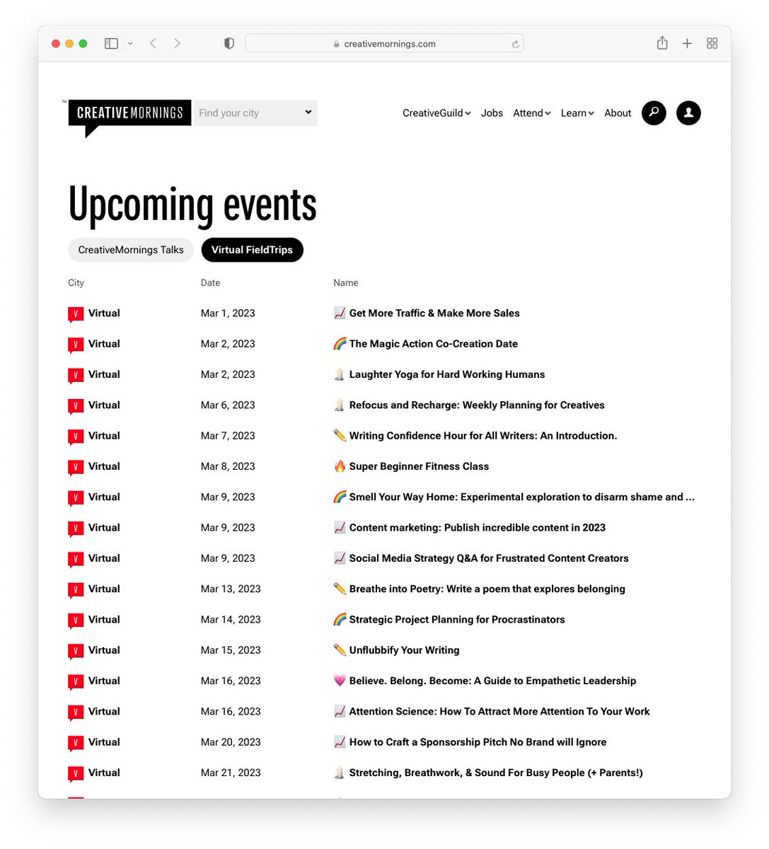 Did you know?  <a href="/creativemorning/">CreativeMornings</a> curates and hosts  20-30 free virtual workshops (FieldTrips) a month. For free. They are run by our heart-forward global creative community. For free! Radical generosity is our business model. So, what do you want to learn? 
creativemornings.com/talks/upcoming…