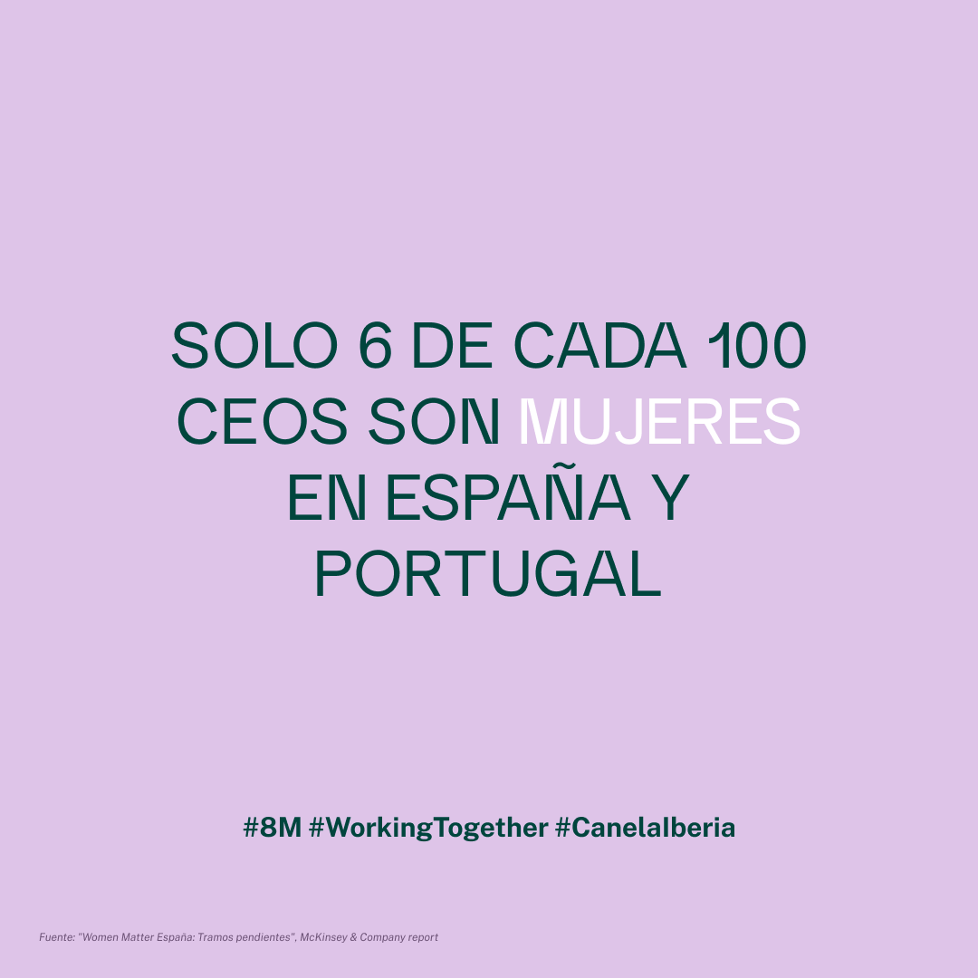 ☝️ Solo 6 de cada 100 CEOS son mujeres en España y Portugal.

¿Alguna duda sobre por qué aún queda mucho por hacer? ¡En Canela lo tenemos claro! 💜

#8M #WorkingTogether #CanelaIberia