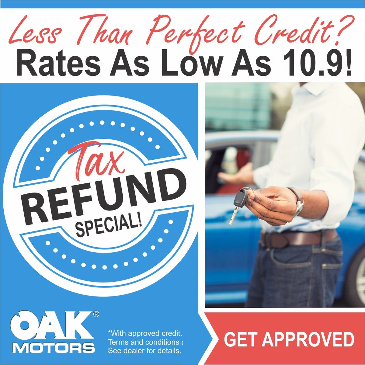 OakMotors's tweet photo. Head into Oak Motors today with your tax refund to get that "new to you" car you need. We're offering rates as low as 10.9% (with approved credit). You can even get started online by going to https://t.co/wfci8Mwbdg and filling out our credit application. Hurry in today! https://t.co/rJ0yfq0fDX