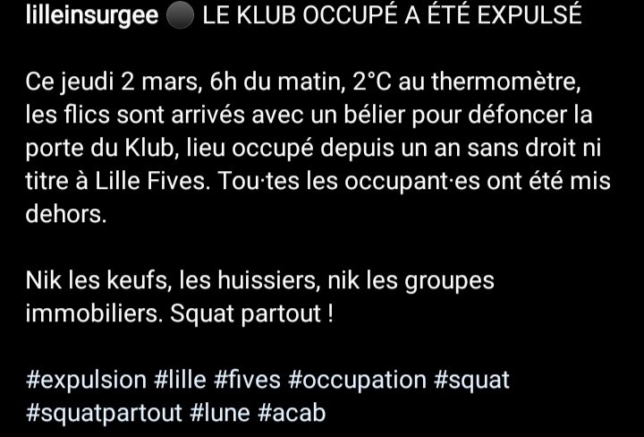 Anarchisterie's tweet photo. Le squat lillois Le Klub a été expulsé ce matin. Pas d'arrestations ni de violences à déplorer
#expulsion #Lille #fives #occupation #squat #squatpartout #lune #acab https://t.co/lw3D5ROqV8