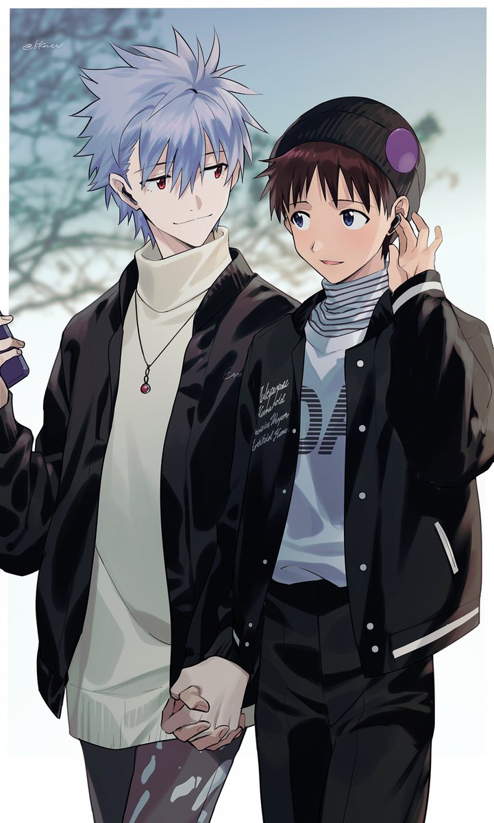 ikari shinji ,nagisa kaworu 2boys multiple boys male focus holding hands red eyes smile jacket  illustration images