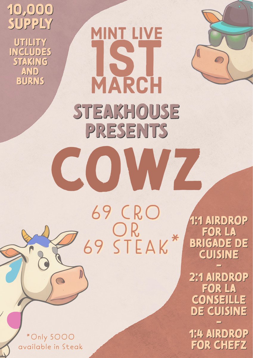 Nearly half of the $STEAK supply has been minted all ready! 🤯

Closing in on 25%, have you decided its time to raise a herd?

cowz.online

Join in the fun and keep it MOOving! 🐮

#cronos #nft #mint #nftmint $cro $steak #steak #petaapproved