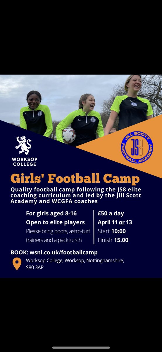 WorksopGirlsFA's tweet photo. Take a look at our elite football camps
during the Easter holidays 🐣⚽️

Take a look at what the Worksop College Girls Football Academy is about 🔵⚪️

Book via: https://t.co/aVspYFYmHA 📧  Get in touch 🌟 https://t.co/cwrAKO4kiv