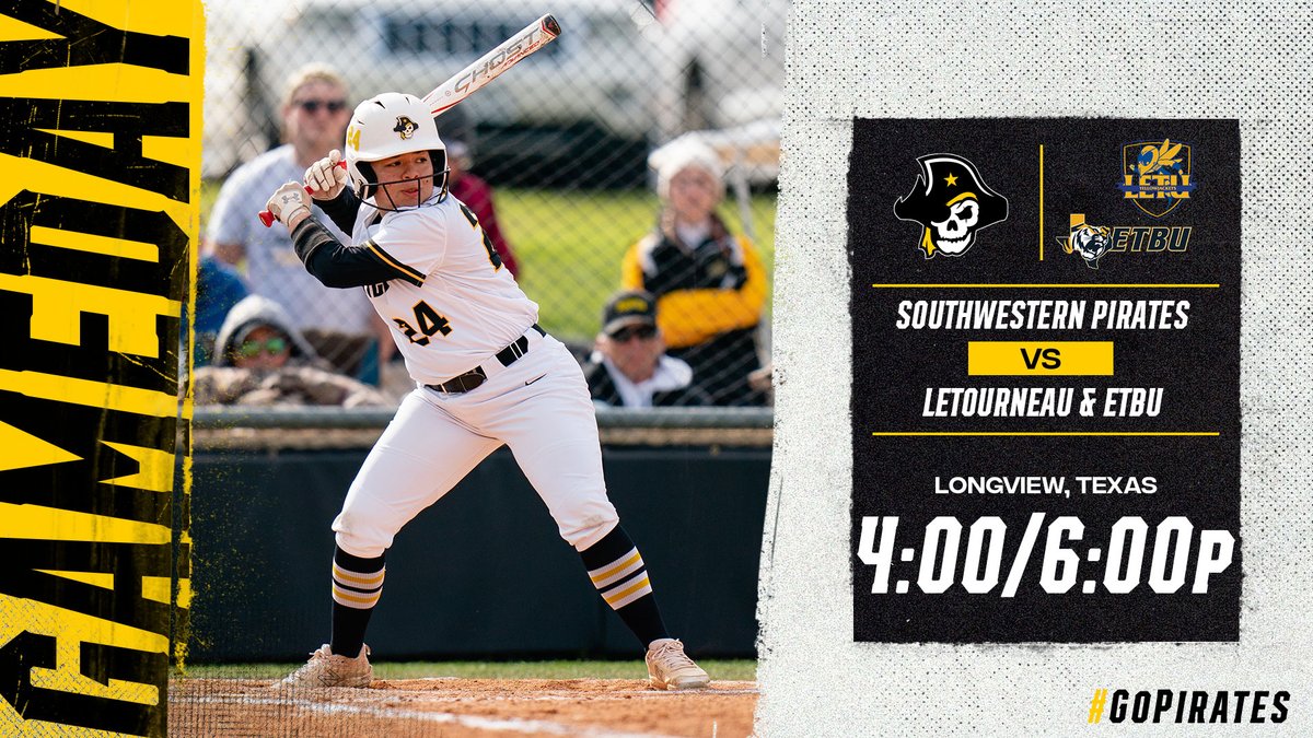 #GAMEDAY | <a href="/SUPiratesSB/">Southwestern SB</a>  
🆚<a href="/LETUSoftball/">LETU Softball</a> &amp; <a href="/ETBU_Softball/">ETBU Softball</a> 
⏰4:00 &amp; 6:00 PM
📍Longview, Texas
📺letuathletics.com/watch/?Archive… (Game 1)
📺goetbutigers.com/watch/?Archive… (Game 2)
