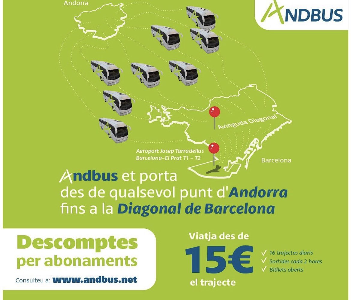 👋Recorda, ara també et portem a la Diagonal de Barcelona
…
👉Consulteu horaris : andbus.net
…
#andorratravellers #busforall #buspertothom #visitandorra #andorraworld #andbusclass💚💙