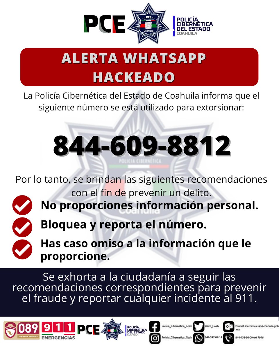 CiberneticaCoah's tweet photo. ALERTA de WhatsApp Hackeado.

#policiaciberneticadelestadodecoahuila #policiacibernetica #SecretariadeSeguridadPublica #ExtorsiónTelefónica #Extorsión #InformateYcomparte #COAHUILAINFORMA #Coahuila https://t.co/hom3W0XYgX