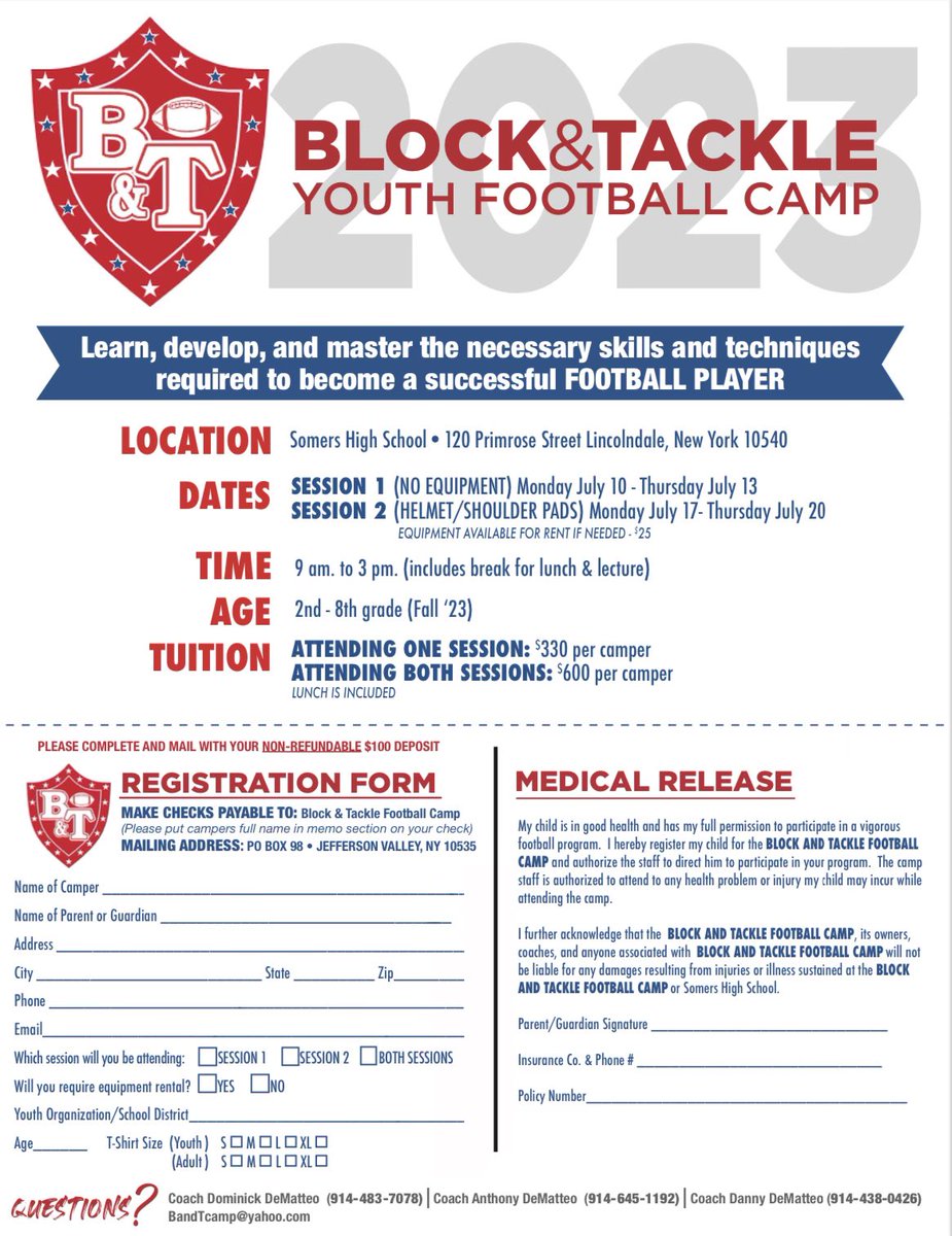 Our youth camps registration is off and running!! We have kids registered from Ardsley, Harrison, Mahopac, Somers, White Plains, &amp; Yorktown. Please reach out to make sure you get a spot for both sessions!!! #FootballFamily #SectionOneFootball