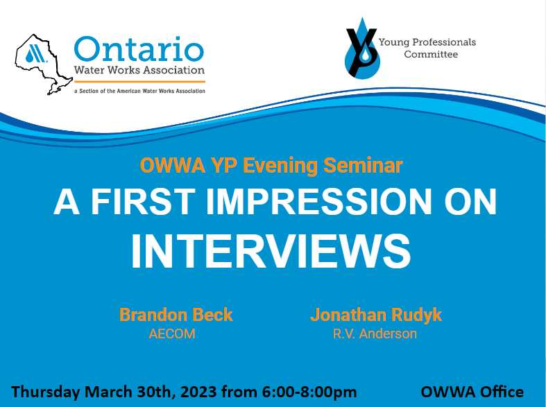 Are you starting your water career? Learn how to make a great first impression with tips from a Hiring Manager and Young Professional who have been in the room. Join us on March 30th at the OWWA Office (507 Lakeshore Rd, Mississauga) by registering below: owwa.ca/events/index.h…