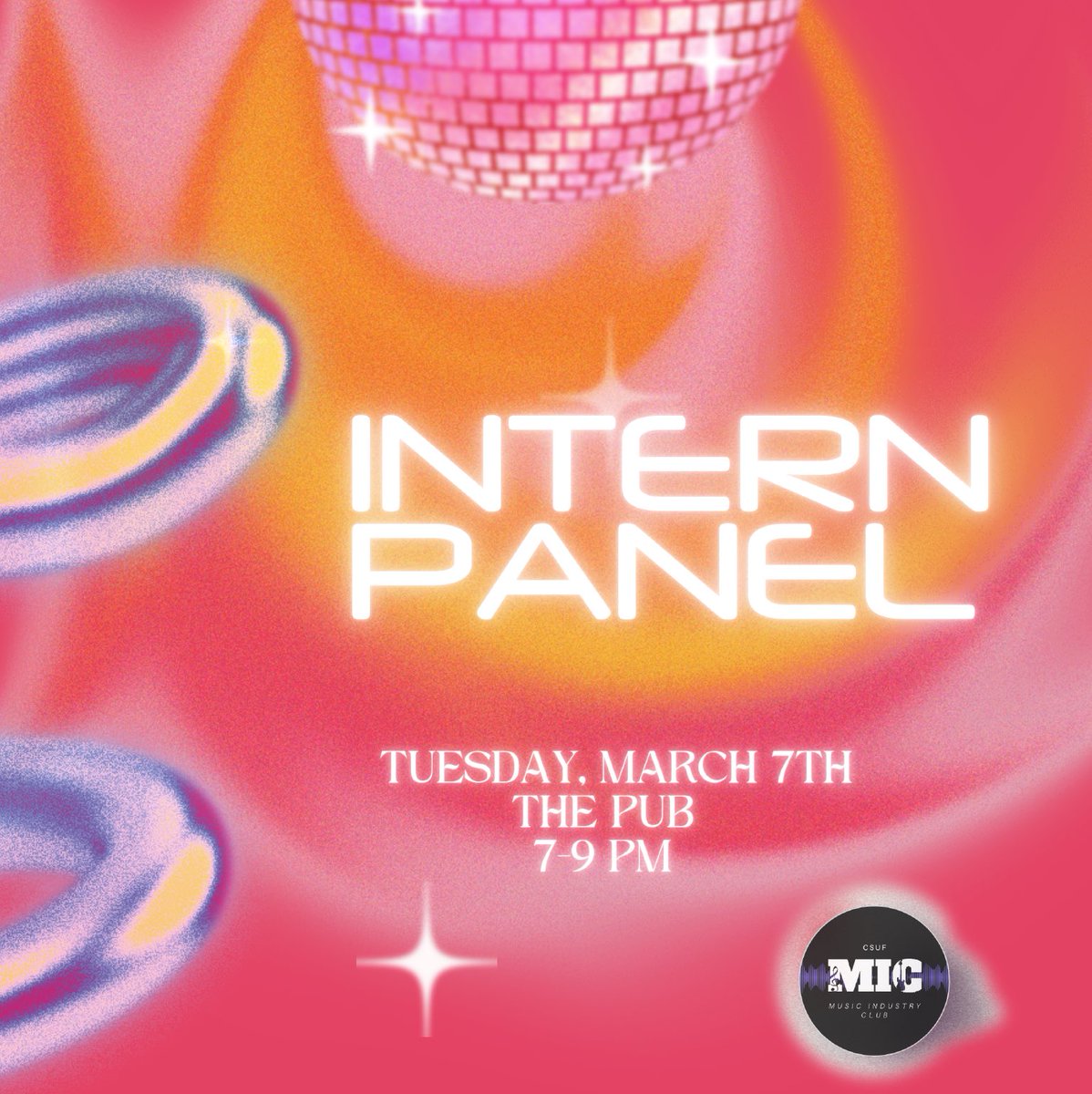 💜 Intern Panel 🧡

Join us for our Intern Panel this Tuesday (3/7) at 7PM! 🎶
Location: TSU The Pub 📍

You will get the chance to learn from students who have interned at music companies. 
We hope to see you there! 🧡

#csuf #csufmic #csufullerton #commcsuf #bicccsuf