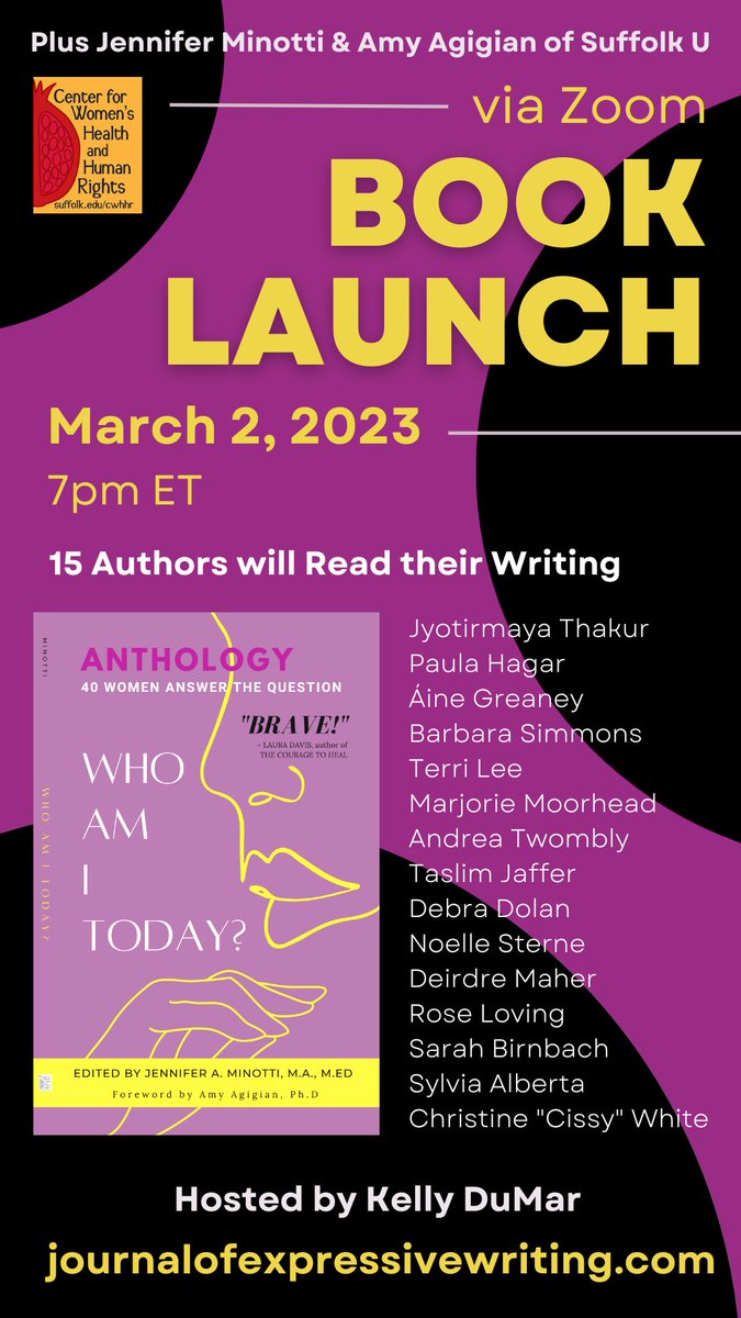 TONIGHT! 'WHO AM I TODAY?' I'm hosting this book launch with anthology ed. Jennifer Minotti featuring 15 anthology contributors reading their writing! Join us! FREE, 7 p.m. ET on Zoom! @expressivejourn  REG: eventbrite.com/e/book-launch-…