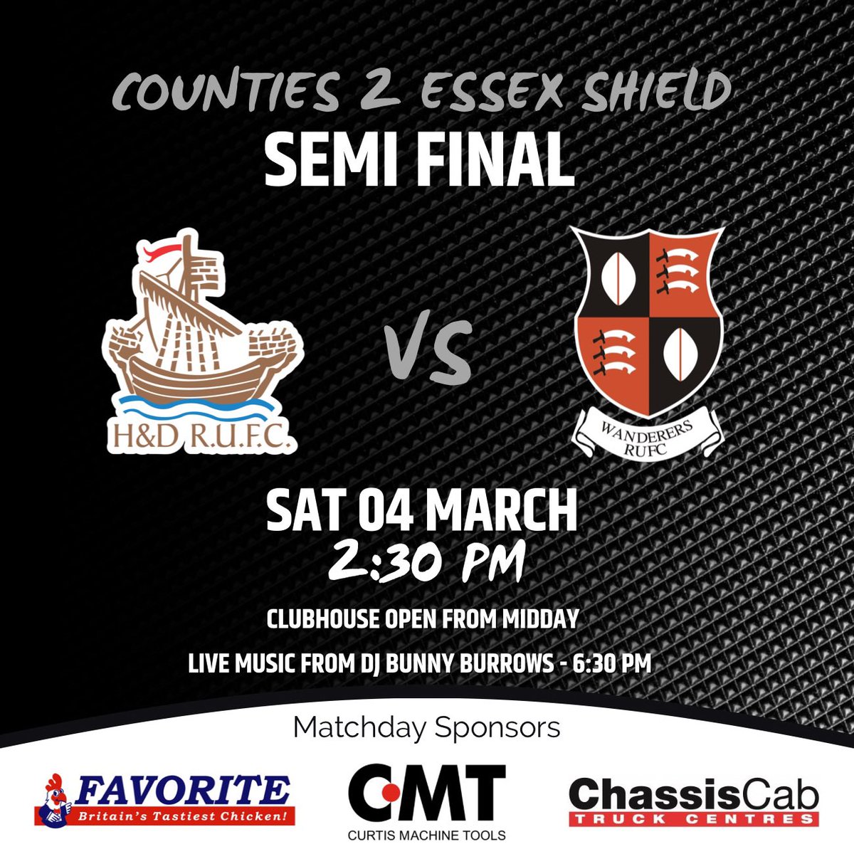 📣 𝗦𝗲𝗺𝗶 𝗙𝗶𝗻𝗮𝗹 𝗦𝗮𝘁𝘂𝗿𝗱𝗮𝘆. This Saturday H&amp;D play Writtle in the SemiFinal of the Counties 2 Essex Shield. Followed by music from DJ Bunny Burrows 🎵 

H&amp;D 🆚 Writtle Wanderers (HOME) 
🏉 Counties 2 Essex Shield  
⌚️ 2:30pm KO 
📍 CO12 3TA
🎵 DJ Bunny Burrows 6:30pm