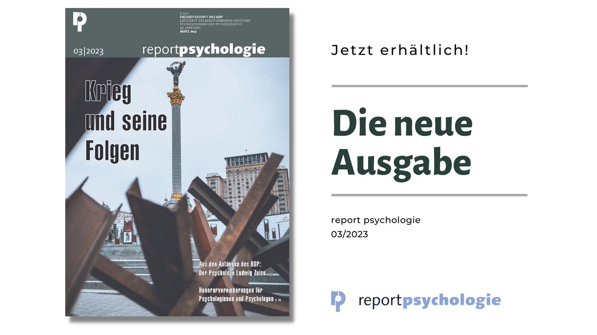 Heute erscheint das Heft 03/2023 des report psychologie. Unter dem Fokusthema »Krieg« liegt der Schwerpunkt des Hefts auf psychologischen Hilfen für Geflüchtete und Kriegsopfer. Jetzt bestellen: psychologenverlag.de/Produkte/dCatI…