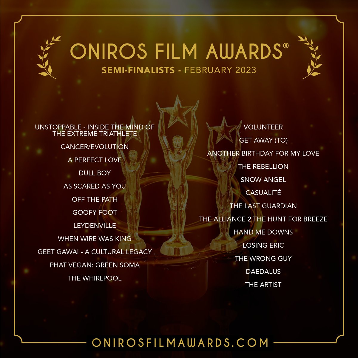 OnirosFilmAward's tweet image. ✨ Congratulations to all the Amazing #SemiFinalists of the February Edition! ✨
.
.
If you are a Semi-Finalist, be sure to check the email address you entered on FilmFreeway and/or your spam folder.