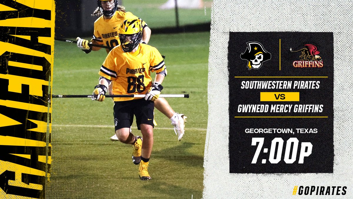 #GAMEDAY | <a href="/SUPiratesMLAX/">Southwestern MLAX</a> 
🆚<a href="/GwyneddSports/">GwyneddSports</a>
⏰7:00 PM
📍Georgetown, Texas
📺portal.stretchinternet.com/swu/
📊portal.stretchinternet.com/swu/