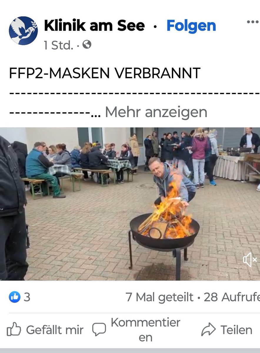 "Rituelle Maskenverbrennungen" in Pflegeheimen. Erinnert mich irgendwie an das Mittelalter. Die Bilder und Kommentare stehen öffentlich bei Facebook.