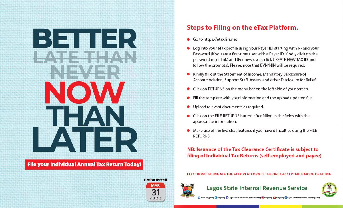 Log on to etax.lirs.net and follow these easy steps to file your Individual Annual Tax Returns. 

#etax
#AnnualReturns2023
#IndividualAnnualReturns
#PayYourTax
#ForAGreaterLagos