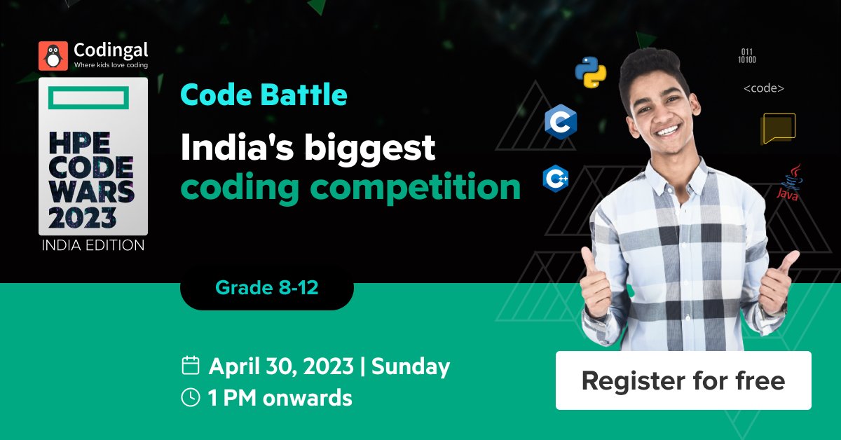 codingal's tweet photo. Register now for the biggest coding competition in India, Code Battle, organised by @HPE_India in partnership with @codingal and win exciting prizes! 😃
Link to register👉https://t.co/bAKyyCUzw6
#codingcompetition #codebattle #womeninstem #girlswhocode #coding #codingtips https://t.co/ZeyeqoyzGN