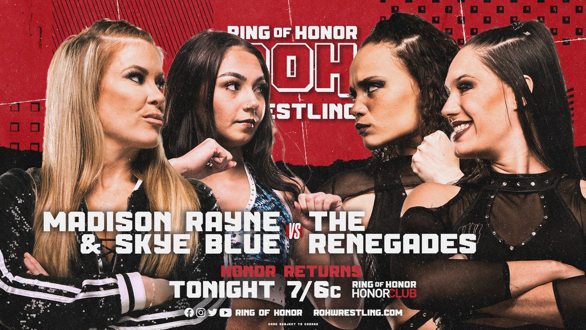 ringofhonor's tweet photo. TONIGHT
The new era of Honor begins at 7/6c on https://t.co/c45XmmE6bl
#HonorClub
• @HakimZane v @facdaniels
• #TheInfantry @ShawnDean773 @carliebravo v #TheKingdom @MattTaven @RealMikeBennett
• @MadisonRayne @Skyebyee v @Renegade_Twins
• @Mascaradorada24 v @AriyaDaivari https://t.co/4dIp9ceb7A