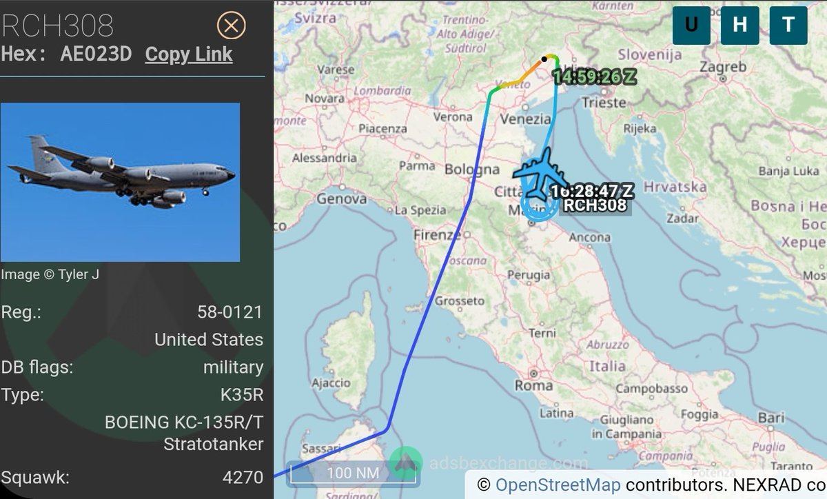vcdgf555's tweet photo. When you fly in the dead of night from Tinker AFB, Oklahoma just you can pull racetracks south of 🇮🇹 Aviano.

🇺🇸 RCH308 is KC-135R 58-0121 #AE023D https://t.co/6b8TmE9LcP