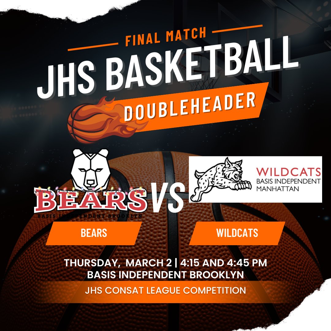 Reminder: Our last two games of the JHS Basketball season are home games vs. BASIS Independent Manahttan this afternoon at 4:15 and 4:45 p.m.!!! Please come out and help us cheer on our Bears! #friendlyrivalry #basketball #gobears
