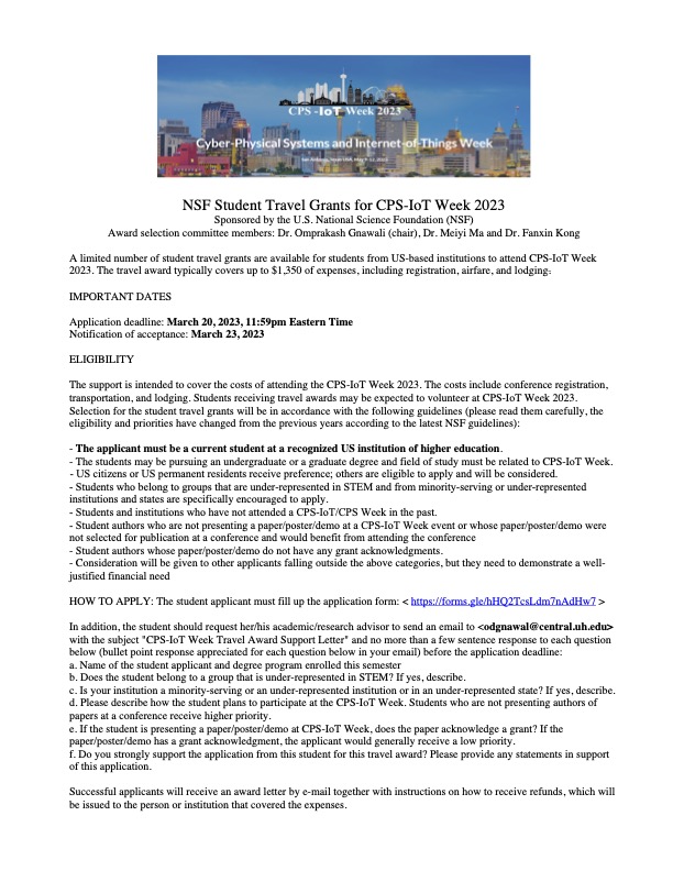 NSF Student Travel Grants for CPS-IoT Week 2023 is available!
